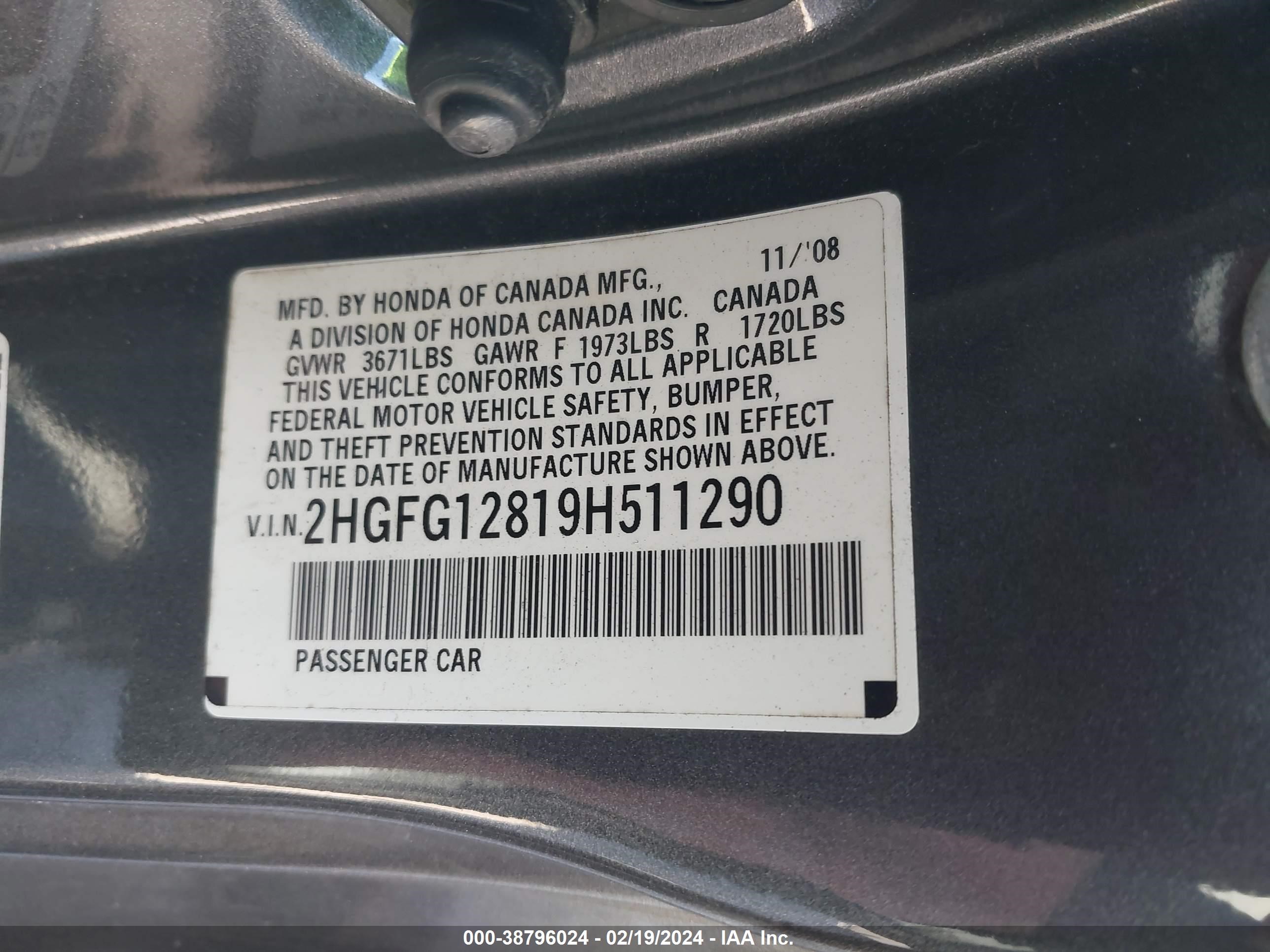 Photo 8 VIN: 2HGFG12819H511290 - HONDA CIVIC 