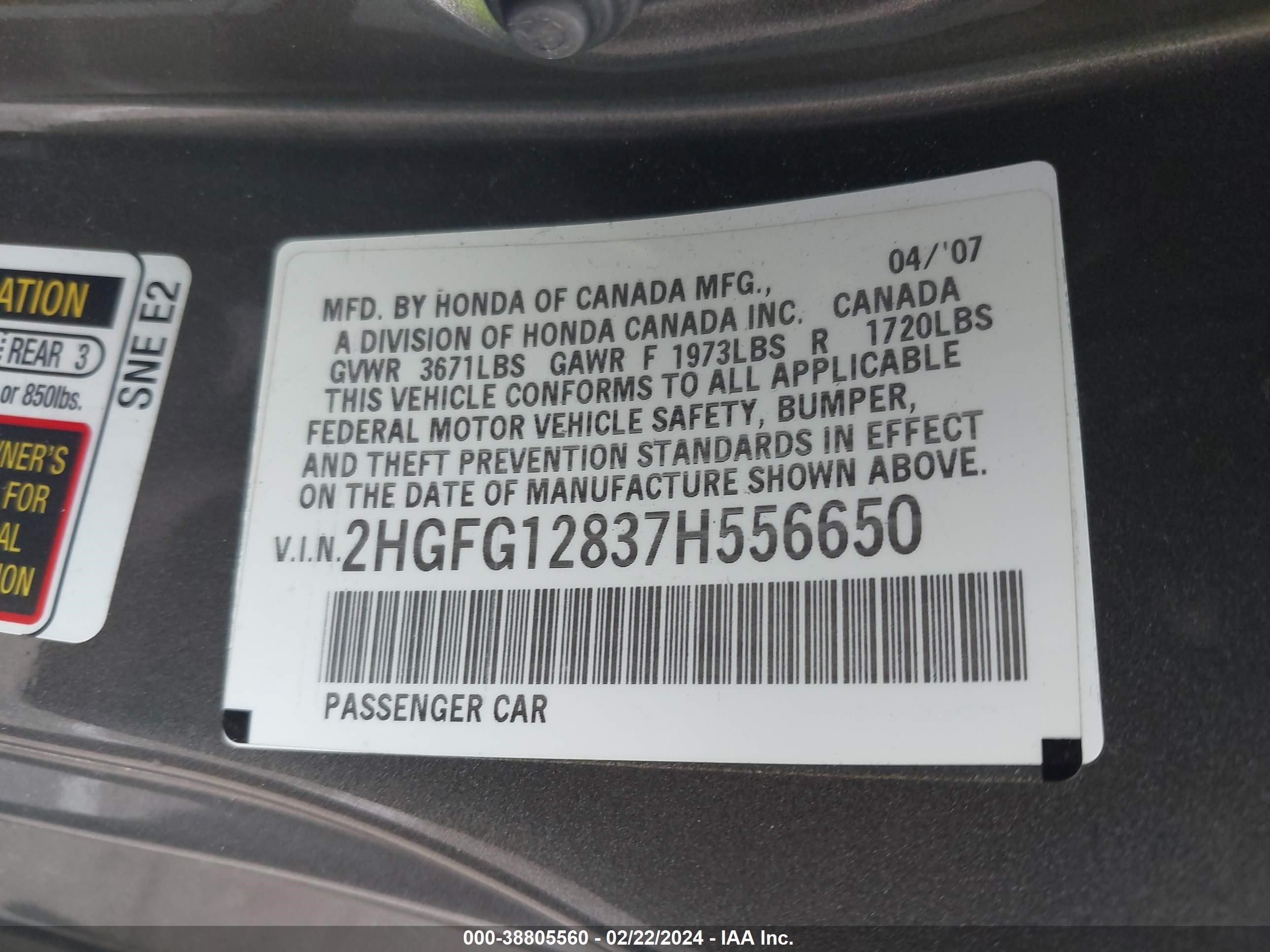 Photo 8 VIN: 2HGFG12837H556650 - HONDA CIVIC 