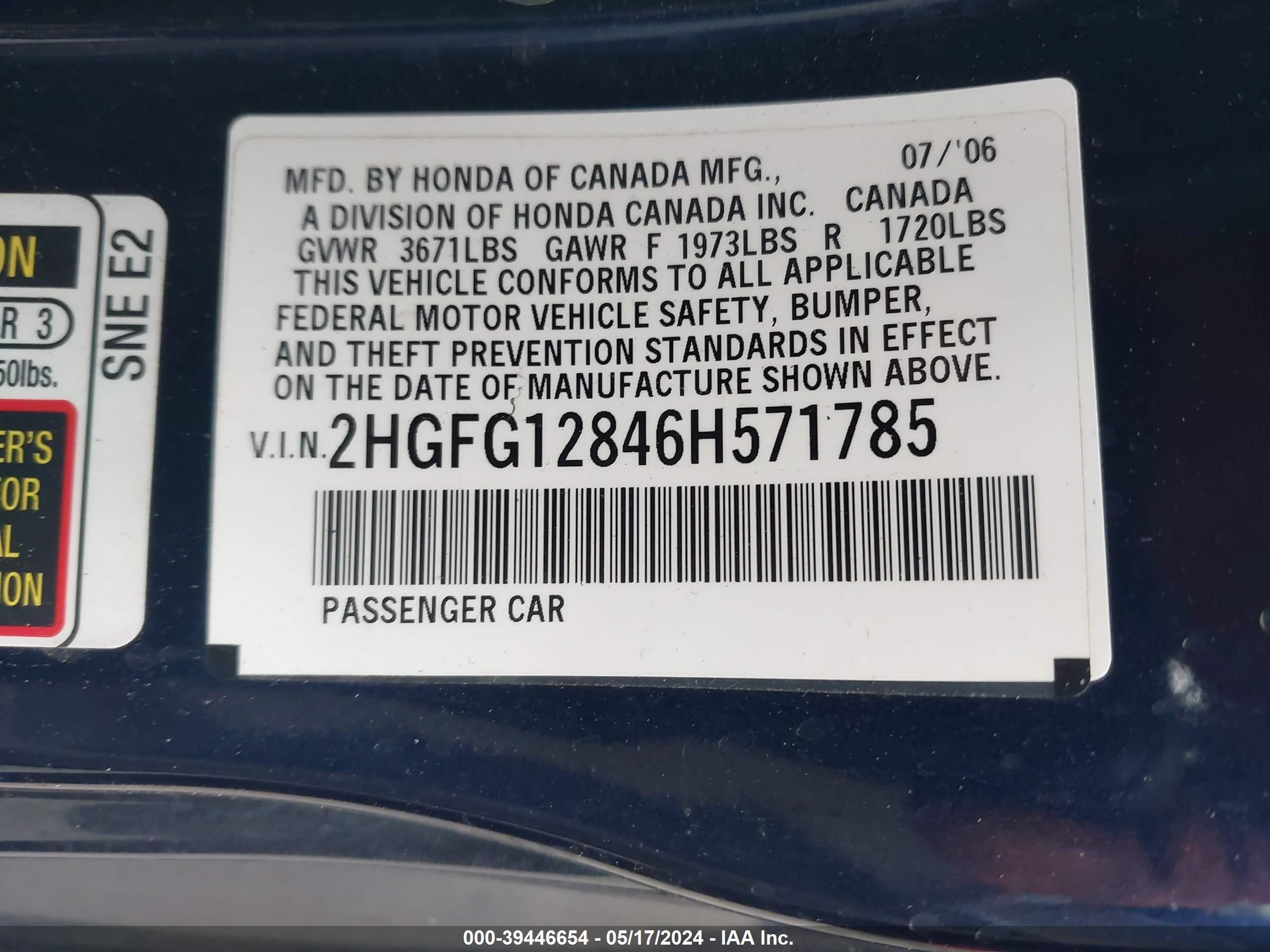 Photo 8 VIN: 2HGFG12846H571785 - HONDA CIVIC 