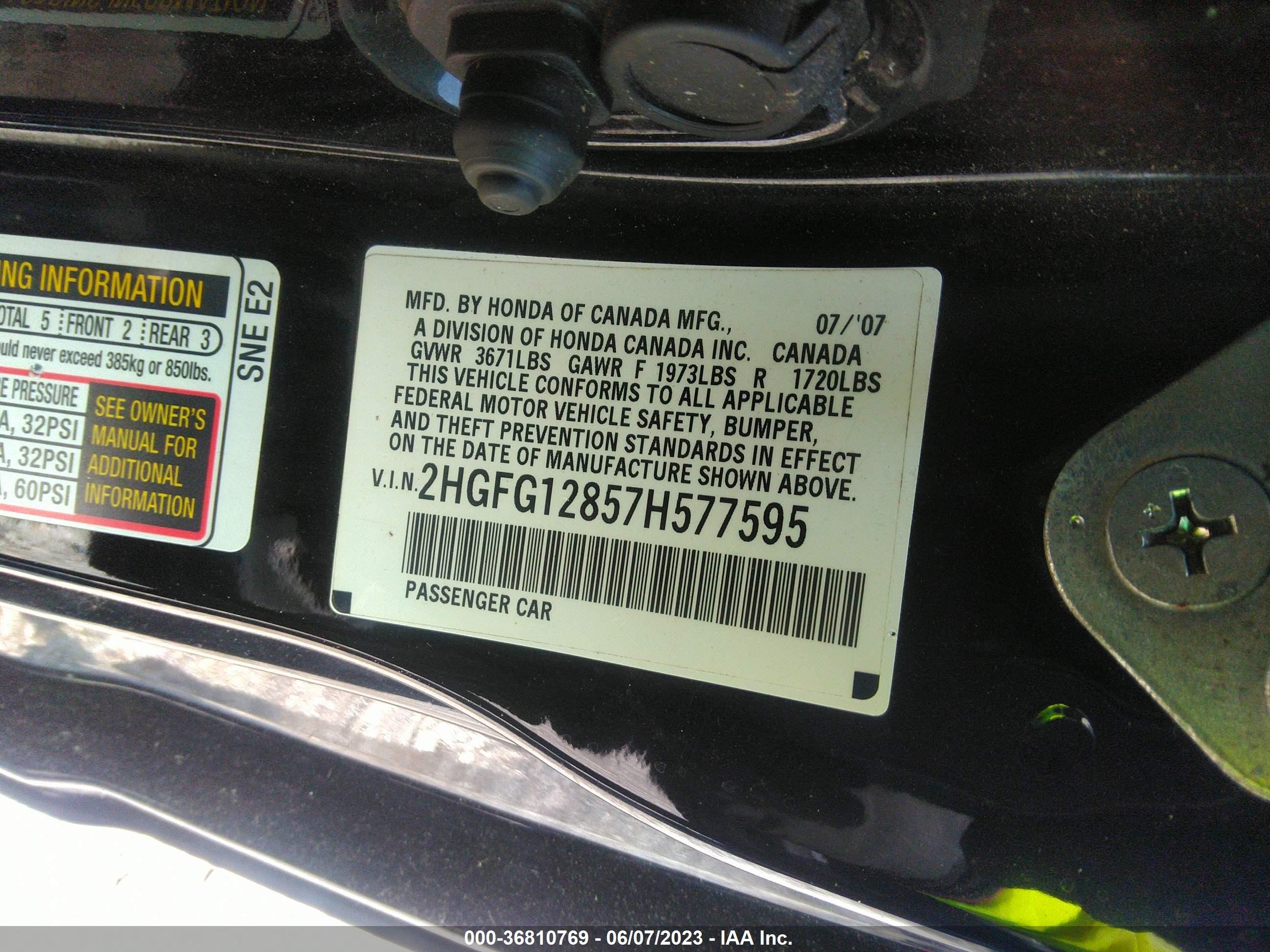 Photo 8 VIN: 2HGFG12857H577595 - HONDA CIVIC 