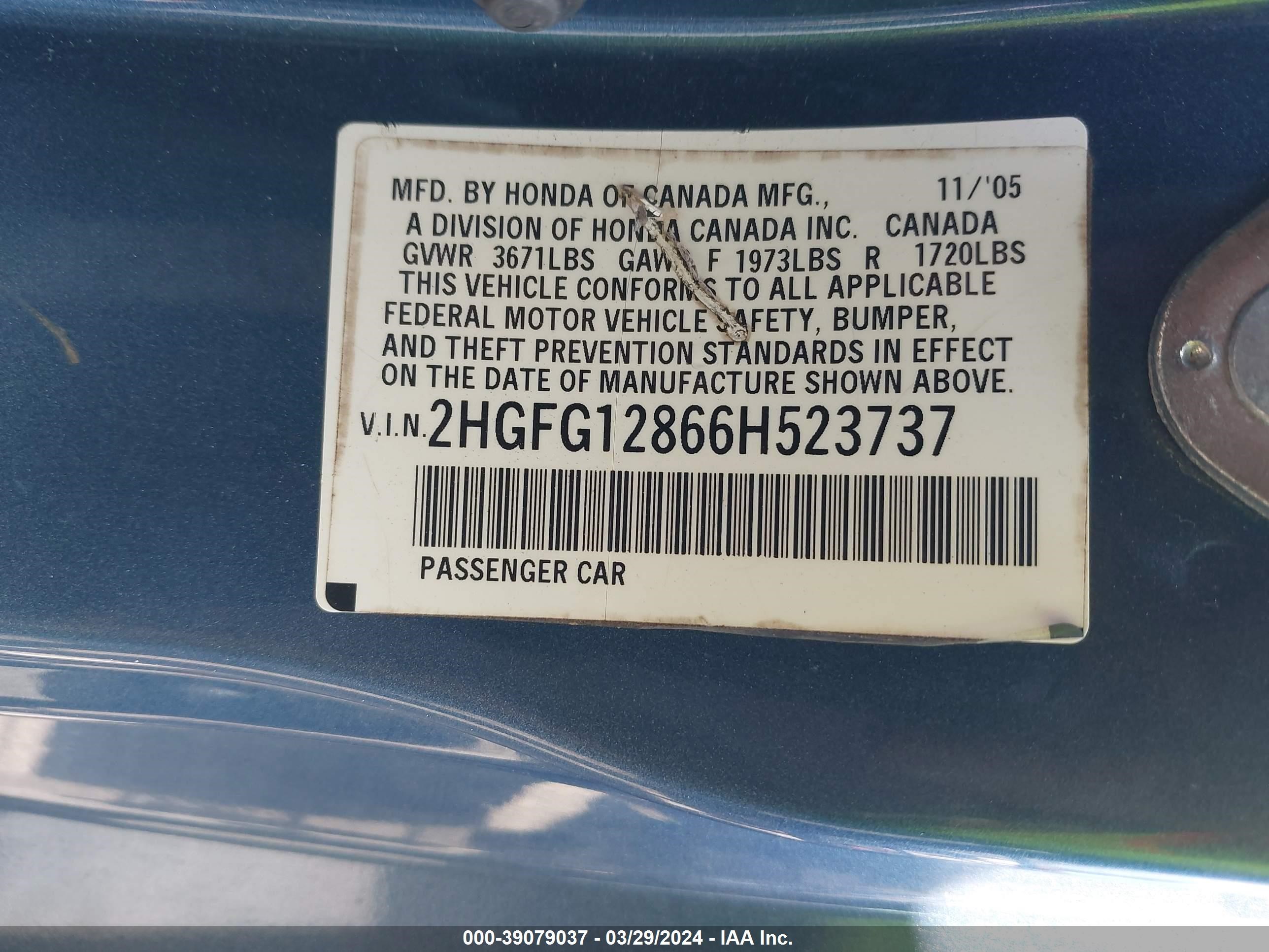 Photo 8 VIN: 2HGFG12866H523737 - HONDA CIVIC 