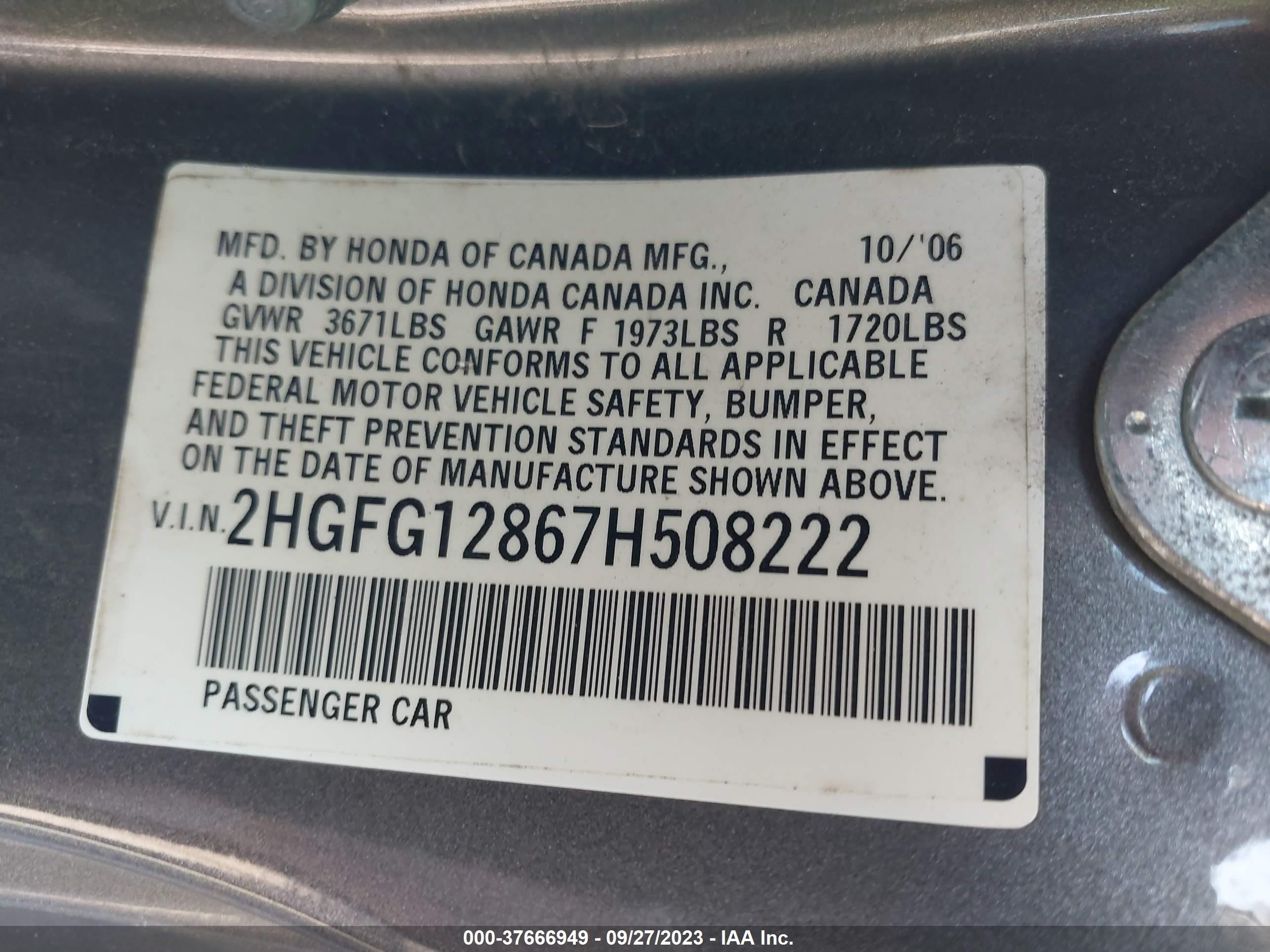 Photo 8 VIN: 2HGFG12867H508222 - HONDA CIVIC 