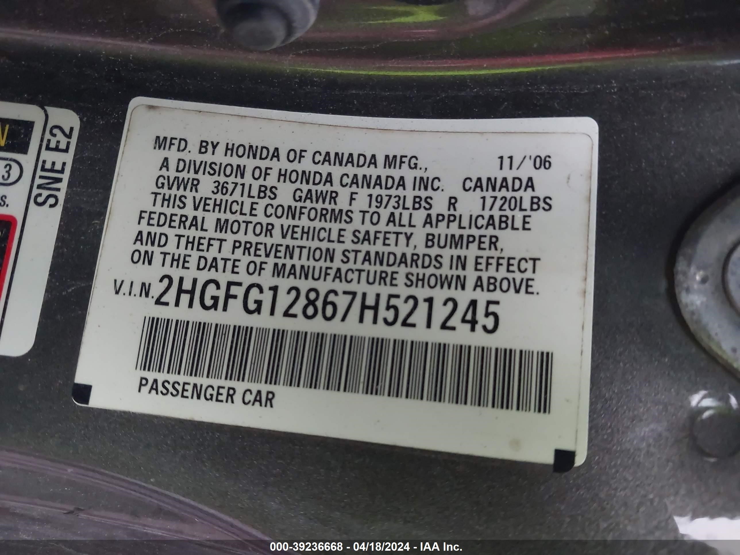 Photo 8 VIN: 2HGFG12867H521245 - HONDA CIVIC 