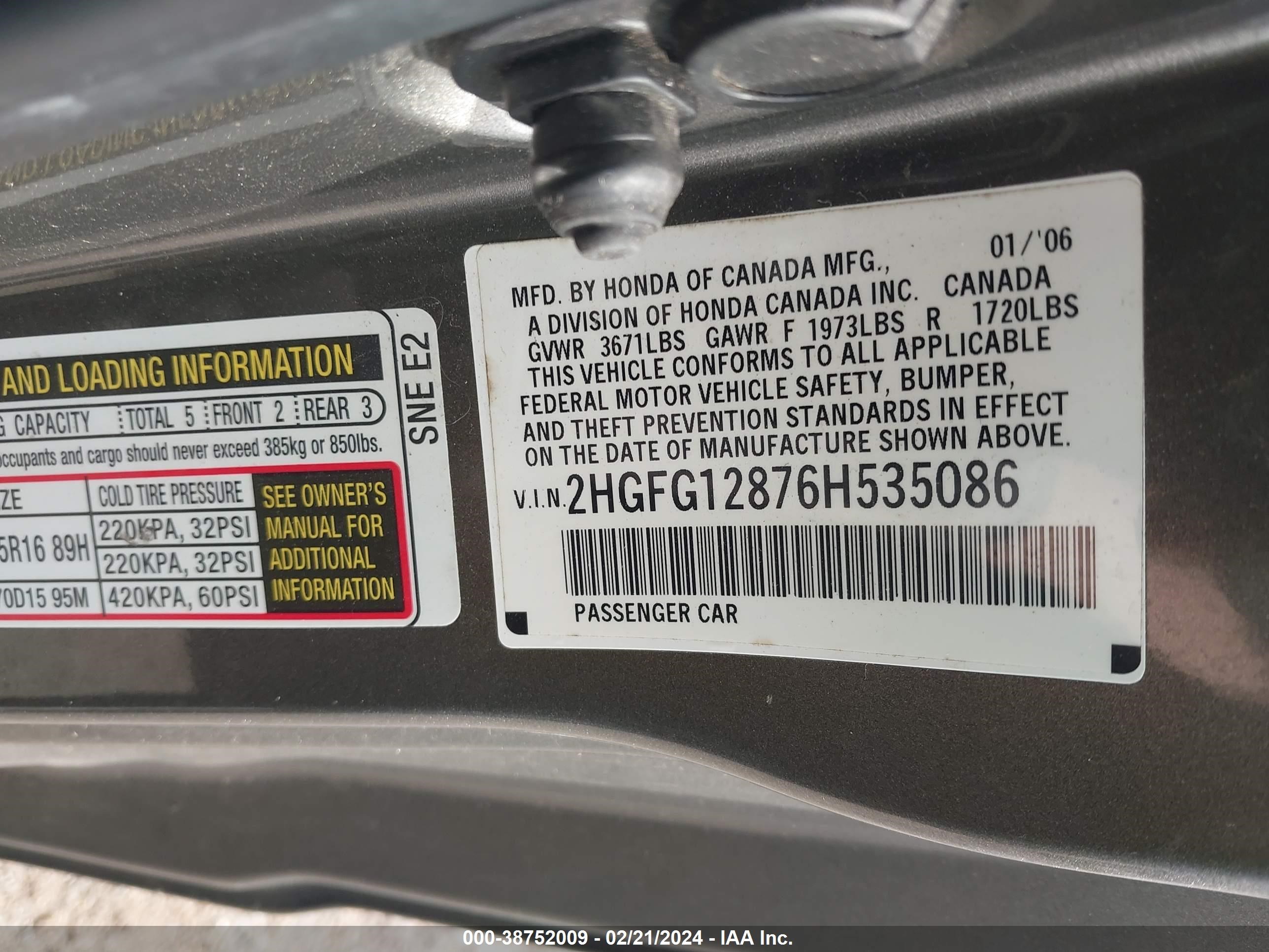 Photo 8 VIN: 2HGFG12876H535086 - HONDA CIVIC 