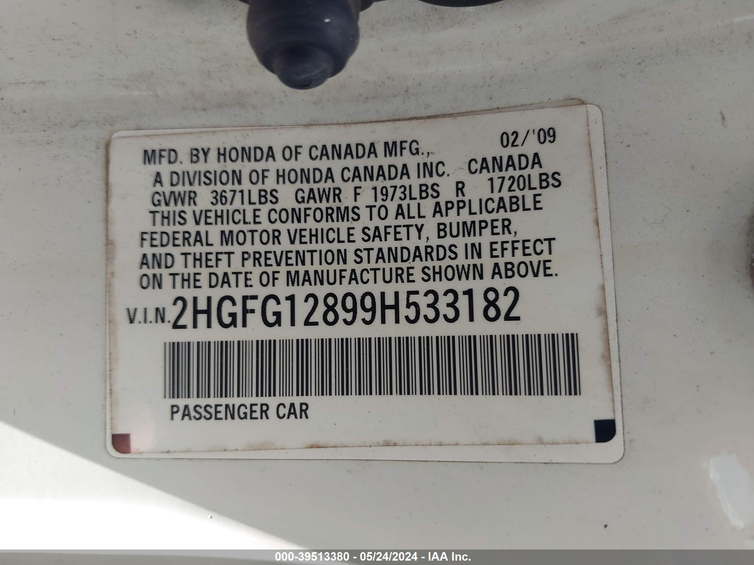 Photo 8 VIN: 2HGFG12899H533182 - HONDA CIVIC 