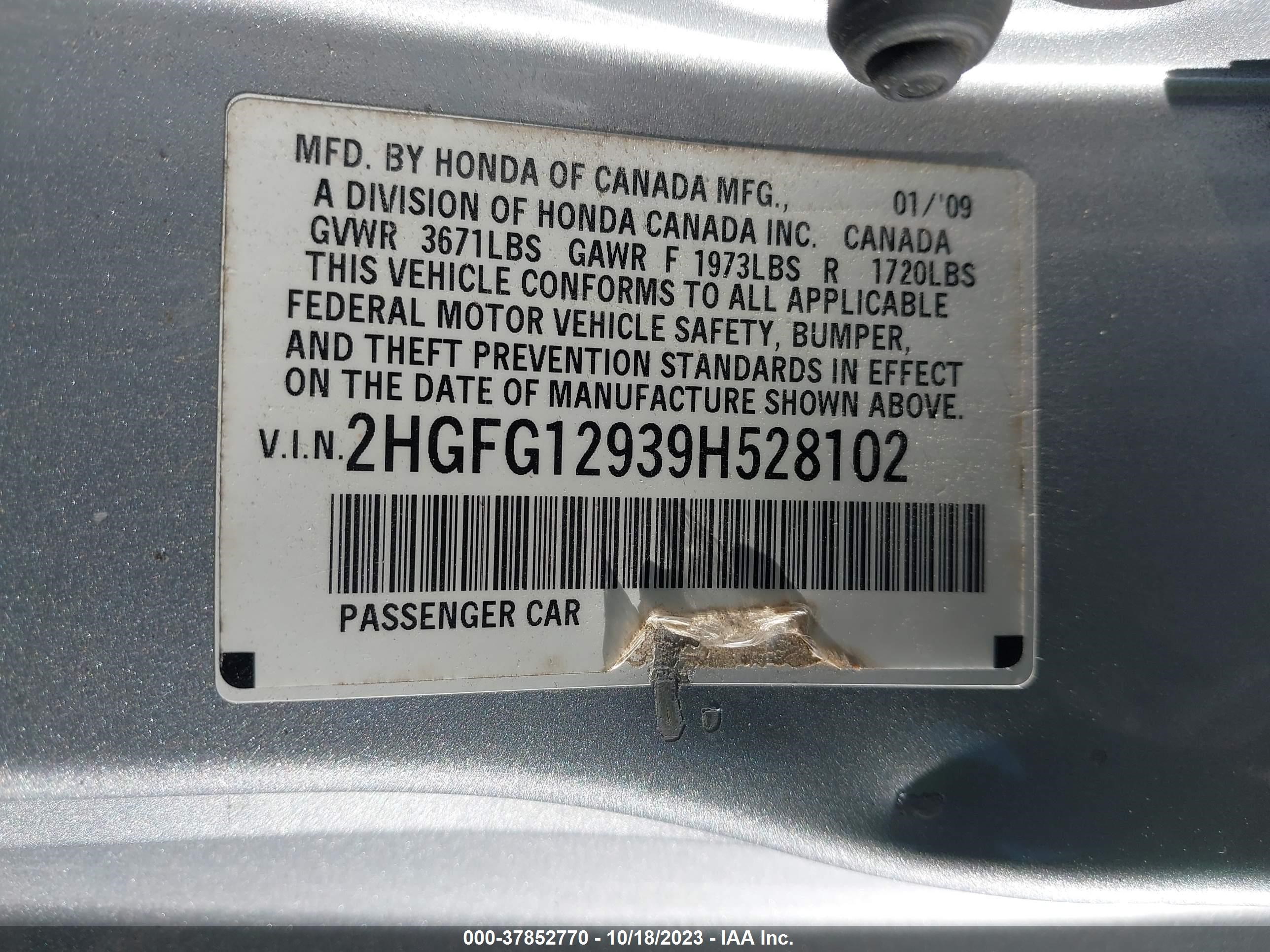 Photo 8 VIN: 2HGFG12939H528102 - HONDA CIVIC 