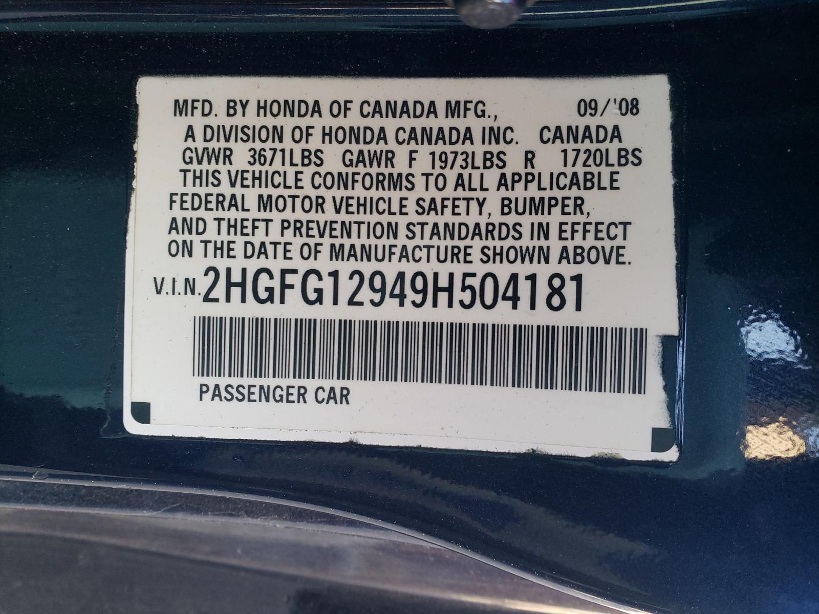 Photo 9 VIN: 2HGFG12949H504181 - HONDA CIV 2DR 