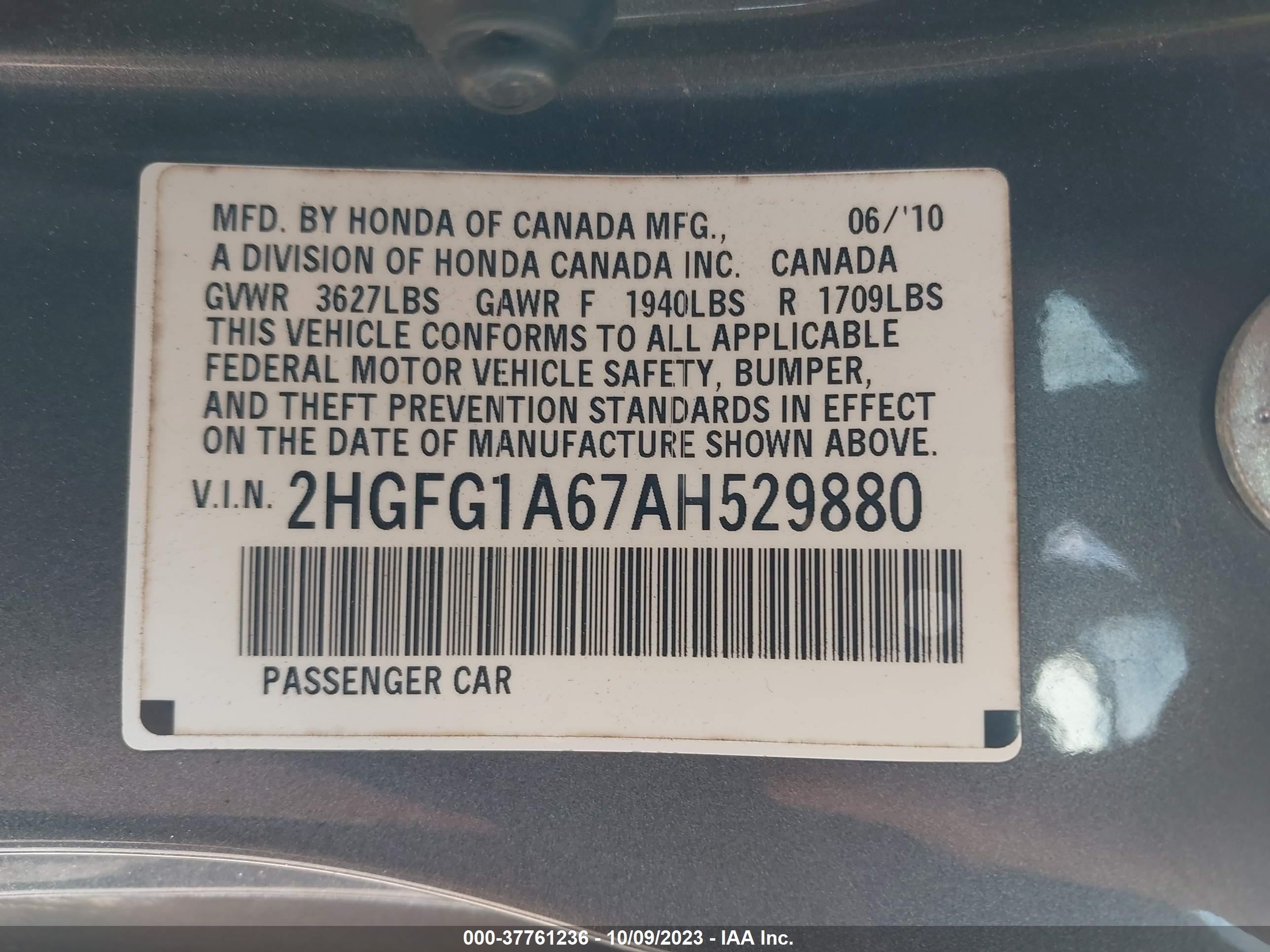 Photo 8 VIN: 2HGFG1A67AH529880 - HONDA CIVIC 