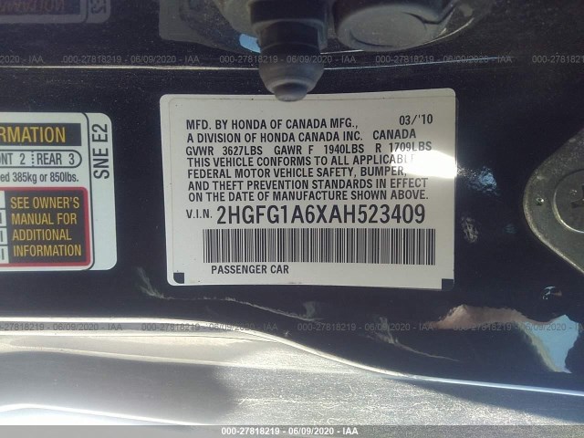 Photo 8 VIN: 2HGFG1A6XAH523409 - HONDA CIVIC CPE 