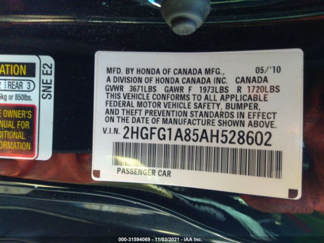 Photo 8 VIN: 2HGFG1A85AH528602 - HONDA CIVIC CPE 