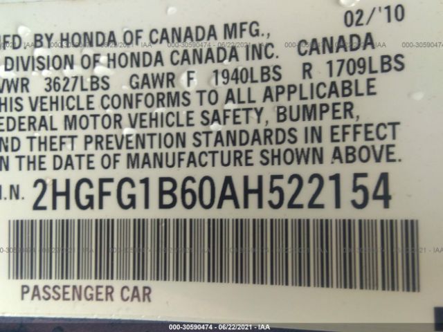 Photo 8 VIN: 2HGFG1B60AH522154 - HONDA CIVIC CPE 