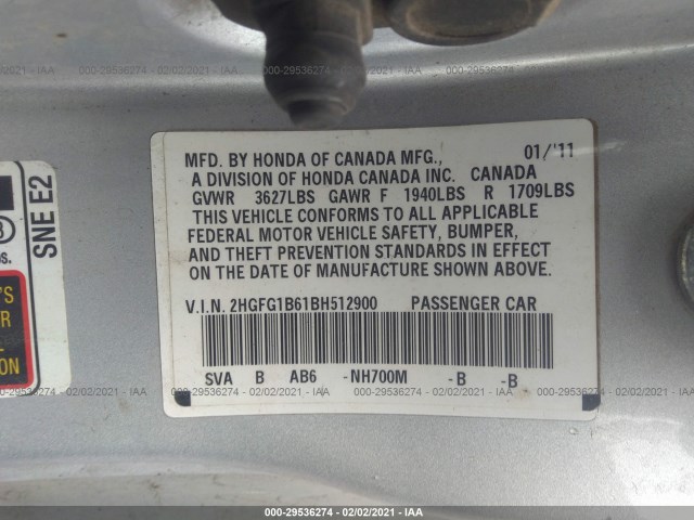 Photo 8 VIN: 2HGFG1B61BH512900 - HONDA CIVIC CPE 