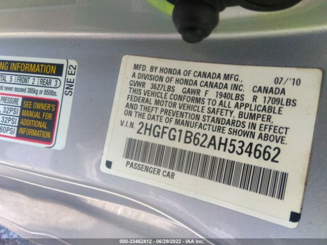 Photo 8 VIN: 2HGFG1B62AH534662 - HONDA CIVIC CPE 