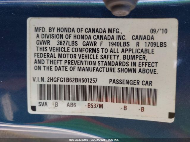 Photo 8 VIN: 2HGFG1B62BH501257 - HONDA CIVIC 