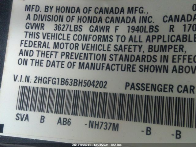 Photo 8 VIN: 2HGFG1B63BH504202 - HONDA CIVIC CPE 