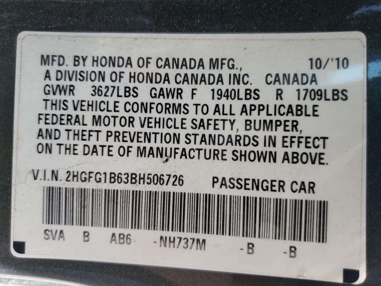 Photo 11 VIN: 2HGFG1B63BH506726 - HONDA CIVIC 