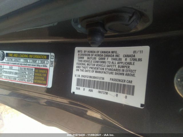 Photo 8 VIN: 2HGFG1B63BH512736 - HONDA CIVIC CPE 