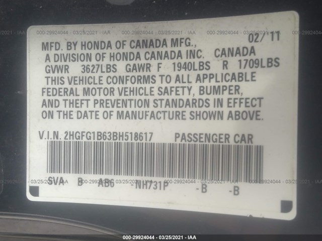 Photo 8 VIN: 2HGFG1B63BH518617 - HONDA CIVIC CPE 