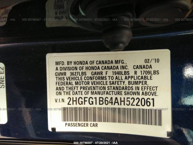 Photo 8 VIN: 2HGFG1B64AH522061 - HONDA CIVIC CPE 