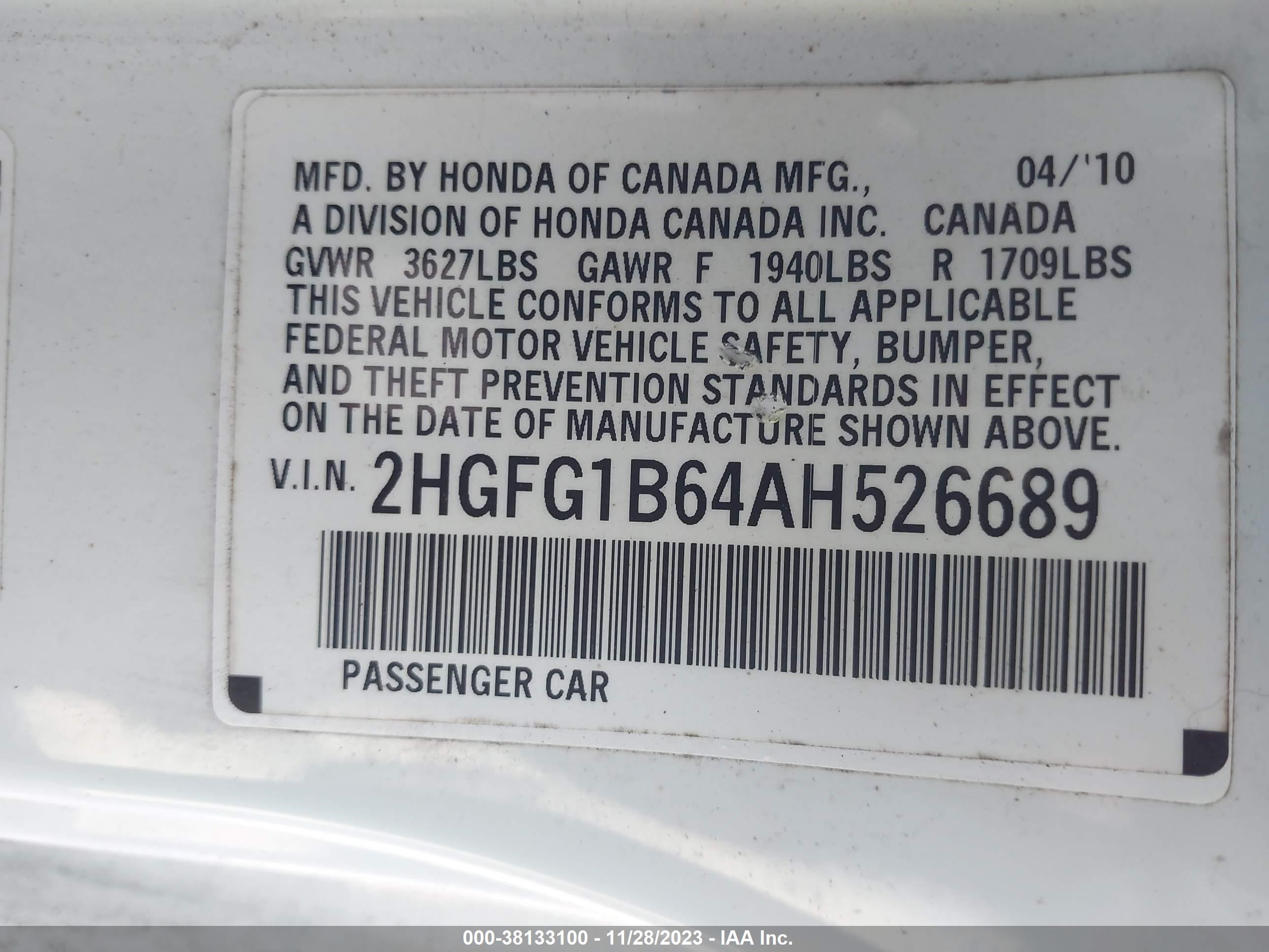 Photo 8 VIN: 2HGFG1B64AH526689 - HONDA CIVIC 