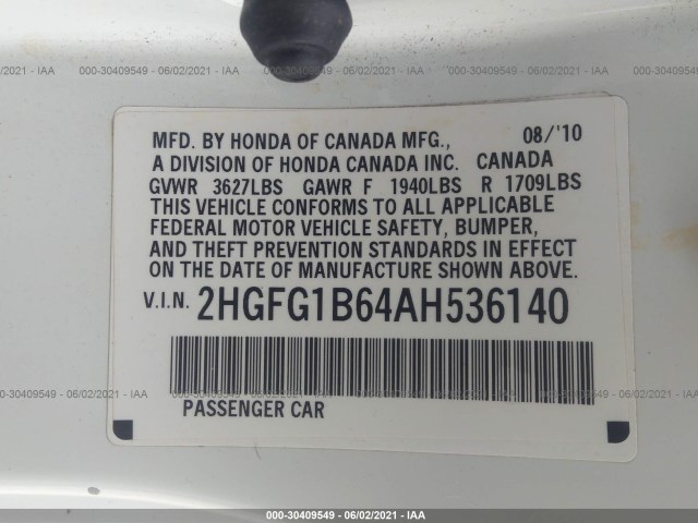 Photo 8 VIN: 2HGFG1B64AH536140 - HONDA CIVIC CPE 