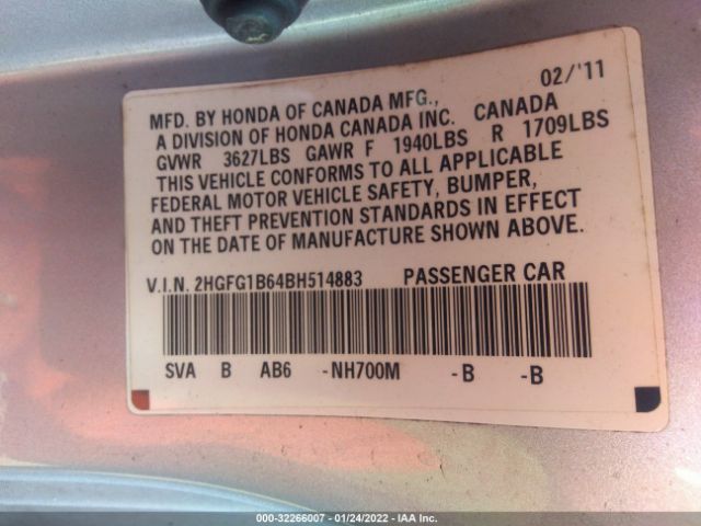 Photo 8 VIN: 2HGFG1B64BH514883 - HONDA CIVIC CPE 