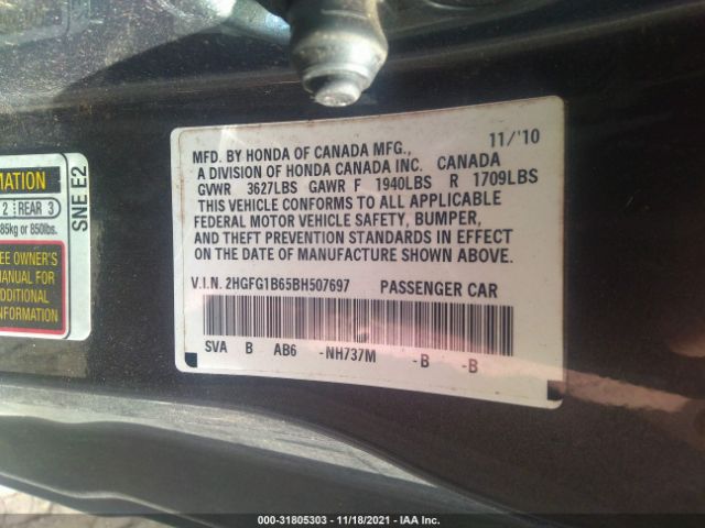 Photo 8 VIN: 2HGFG1B65BH507697 - HONDA CIVIC CPE 