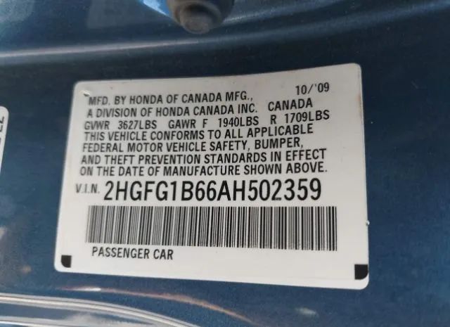 Photo 8 VIN: 2HGFG1B66AH502359 - HONDA CIVIC 