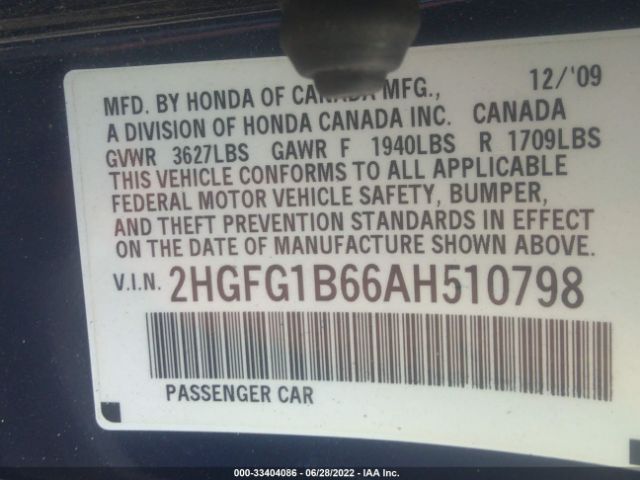 Photo 8 VIN: 2HGFG1B66AH510798 - HONDA CIVIC CPE 