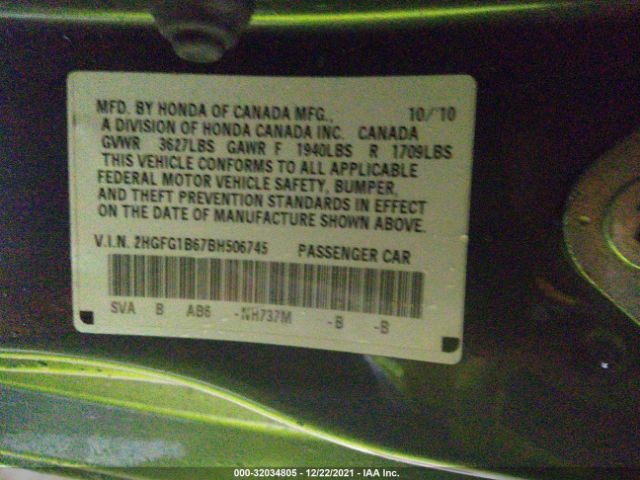 Photo 8 VIN: 2HGFG1B67BH506745 - HONDA CIVIC CPE 