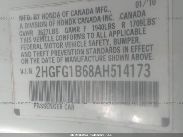 Photo 8 VIN: 2HGFG1B68AH514173 - HONDA CIVIC CPE 