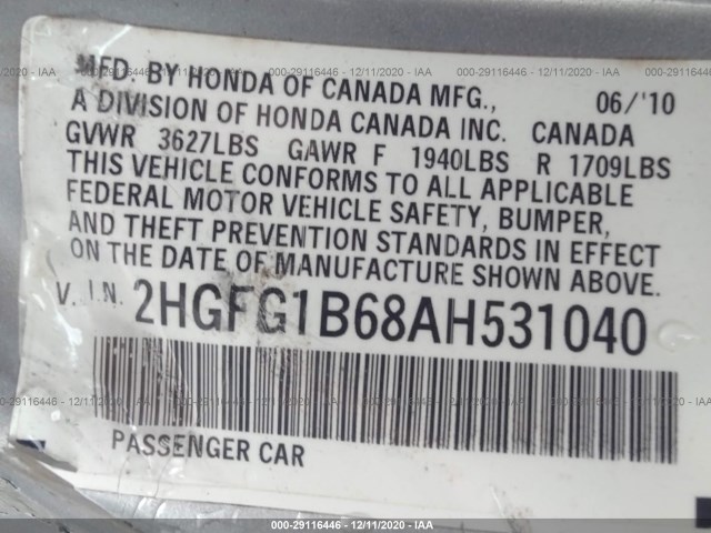 Photo 8 VIN: 2HGFG1B68AH531040 - HONDA CIVIC CPE 