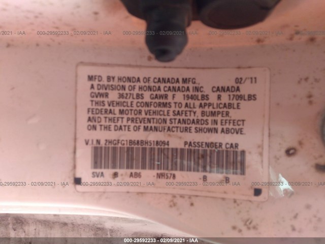 Photo 8 VIN: 2HGFG1B68BH518094 - HONDA CIVIC CPE 