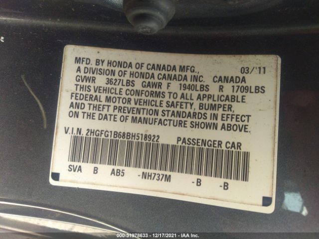 Photo 8 VIN: 2HGFG1B68BH518922 - HONDA CIVIC CPE 