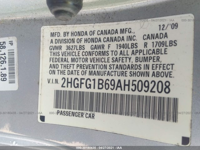 Photo 8 VIN: 2HGFG1B69AH509208 - HONDA CIVIC CPE 