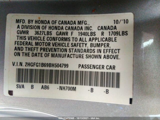 Photo 8 VIN: 2HGFG1B69BH504799 - HONDA CIVIC CPE 