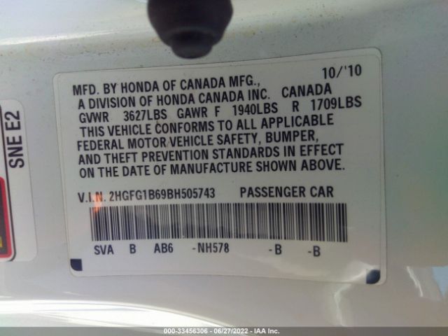 Photo 8 VIN: 2HGFG1B69BH505743 - HONDA CIVIC CPE 