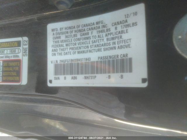 Photo 8 VIN: 2HGFG1B6XBH511843 - HONDA CIVIC CPE 