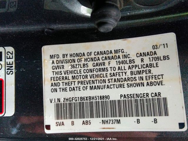 Photo 8 VIN: 2HGFG1B6XBH518890 - HONDA CIVIC CPE 