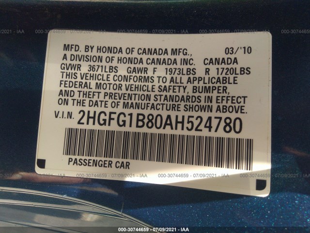 Photo 8 VIN: 2HGFG1B80AH524780 - HONDA CIVIC CPE 