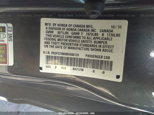 Photo 8 VIN: 2HGFG1B80BH506135 - HONDA CIVIC CPE 