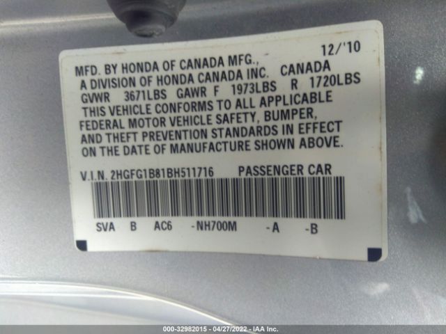 Photo 8 VIN: 2HGFG1B81BH511716 - HONDA CIVIC CPE 