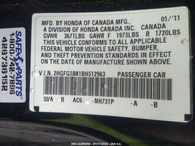 Photo 8 VIN: 2HGFG1B81BH512963 - HONDA CIVIC CPE 