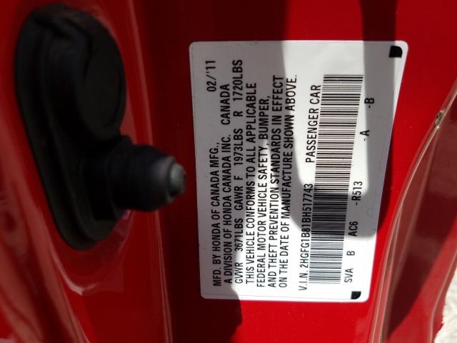 Photo 9 VIN: 2HGFG1B81BH517743 - HONDA CIVIC EX 