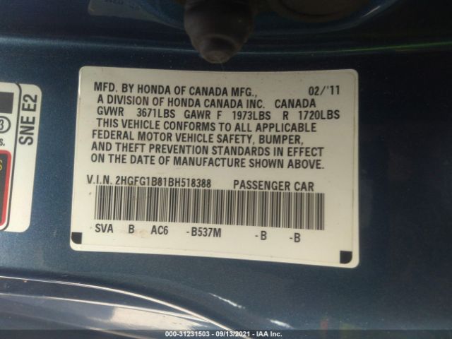 Photo 8 VIN: 2HGFG1B81BH518388 - HONDA CIVIC CPE 