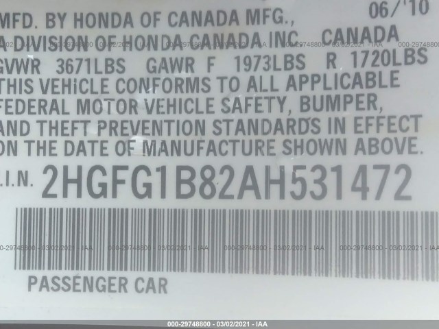 Photo 8 VIN: 2HGFG1B82AH531472 - HONDA CIVIC CPE 