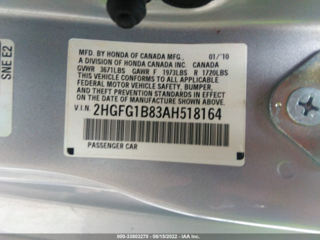 Photo 8 VIN: 2HGFG1B83AH518164 - HONDA CIVIC CPE 