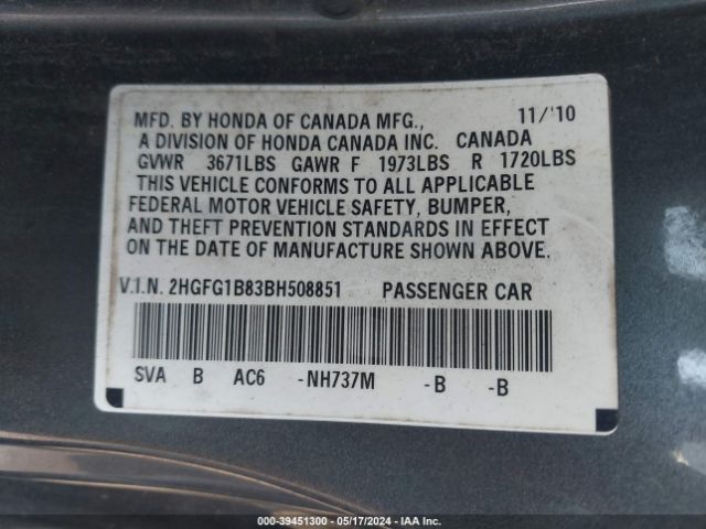 Photo 8 VIN: 2HGFG1B83BH508851 - HONDA CIVIC 