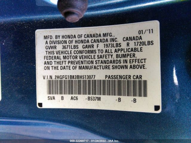 Photo 8 VIN: 2HGFG1B83BH513077 - HONDA CIVIC CPE 