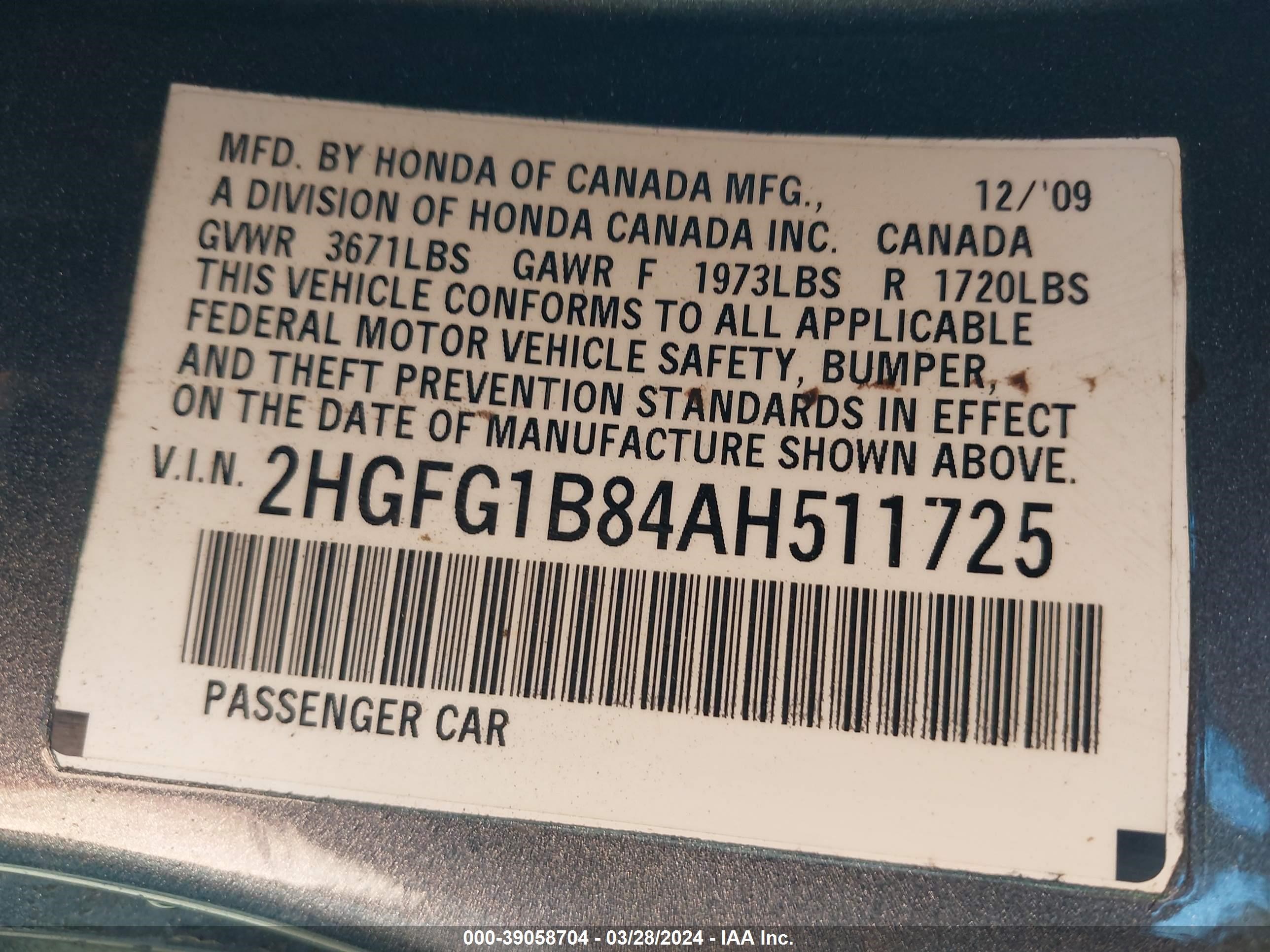 Photo 8 VIN: 2HGFG1B84AH511725 - HONDA CIVIC 